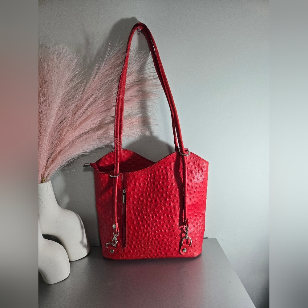 Vintage Italian Red Ostrich Embossed Leather Convertible Tote Backpack